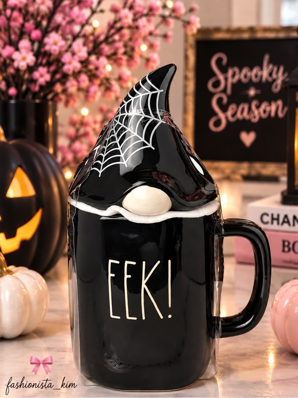 Rae Dunn mug EEK Halloween mug with spiderweb gnome hat topper